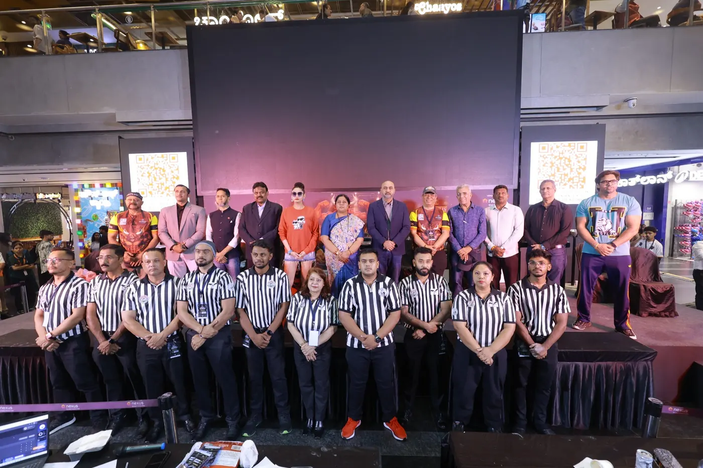 Officials, referees, and dignitaries group photo at the 6th BCAI Arm Wrestling National Championship 2026, Nexus Shantiniketan