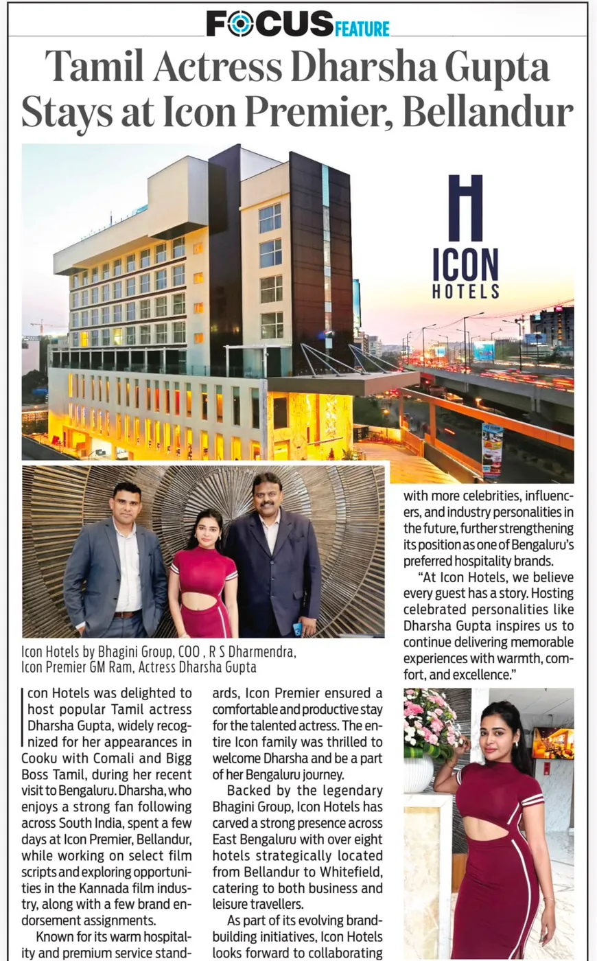 Focus Feature press coverage: Tamil actress Dharsha Gupta with R. S. Dharmendra and Icon Premier GM at Icon Hotels, Bellandur